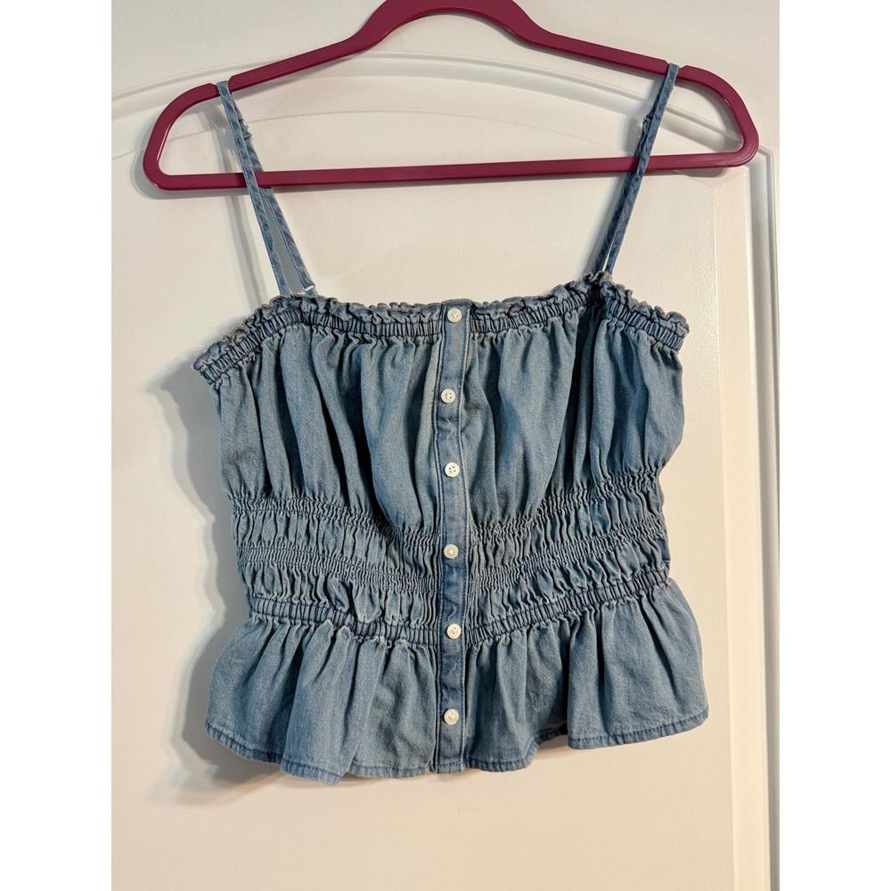 LOFT Chambray Peplum Top S Light Blue Smocked Button Cami Boho Festival Casual
